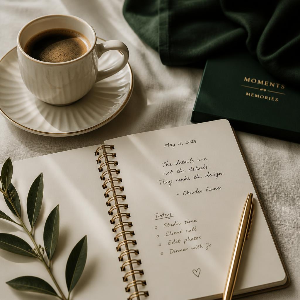 A coffee cup and open notebook on cream linen