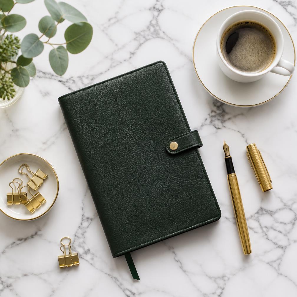Calm styled desk with notebook and plant