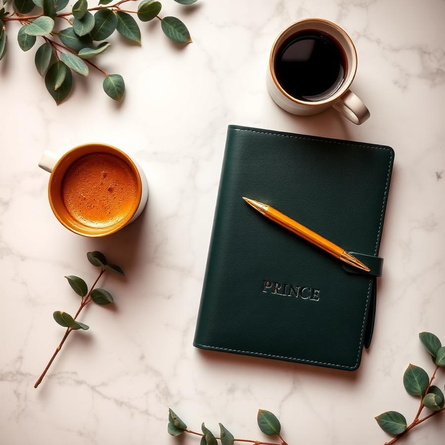 Green PRINCE journal with a gold pen on marble