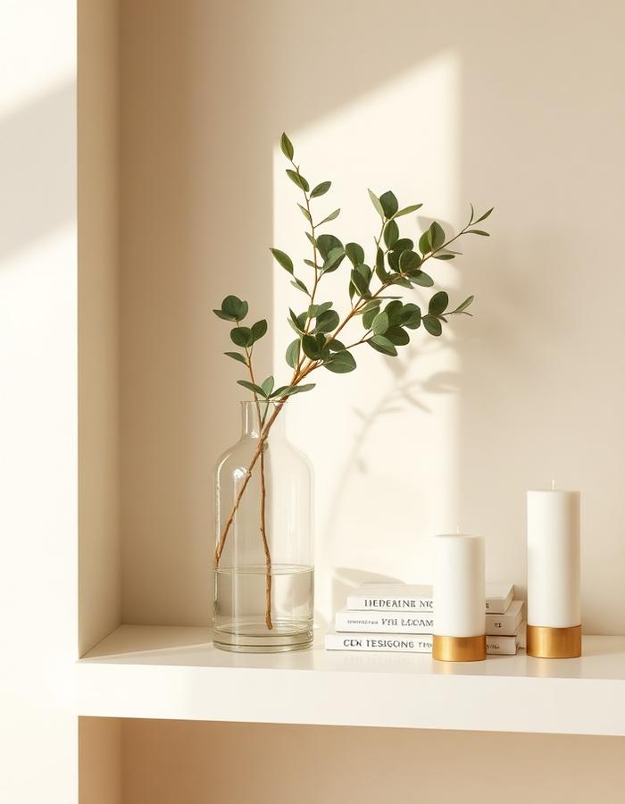 Eucalyptus branches in a glass vase beside books and candles